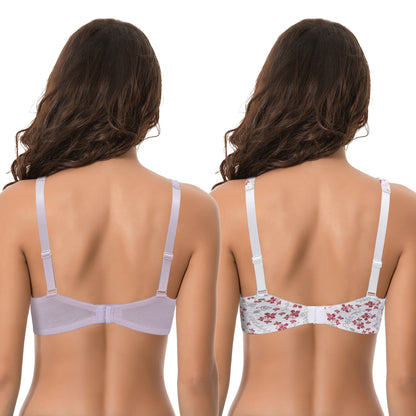Women's Plus Size Unlined Underwire Lace Bra with Cushion Straps-2PK-White/Red/Lt Gray,Lt Pink