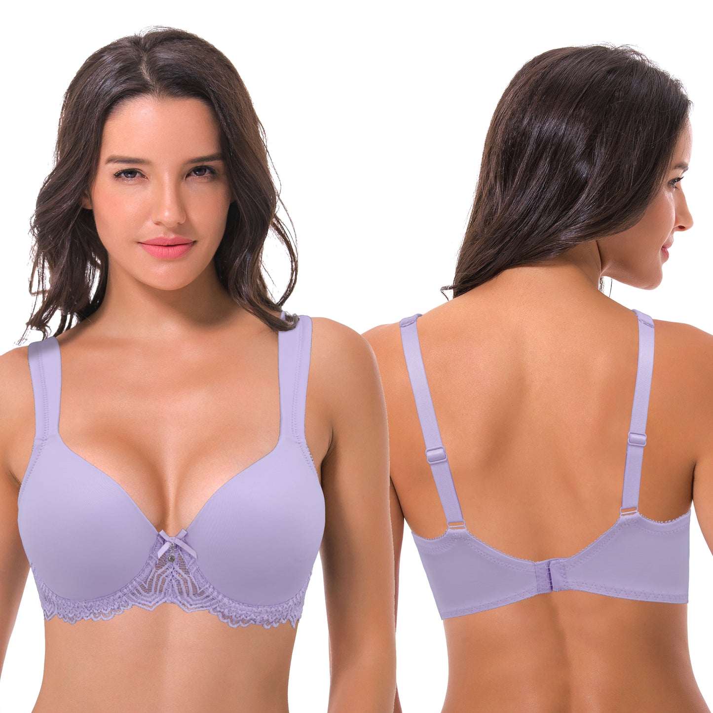 Women's Lightly Padded Underwire Lace Bra with Padded Shoulder Straps-2PK-LIGHT PURPLE,NUDE