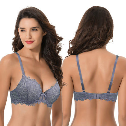 Women's Plus Size Push Up Add 1 Cup Underwire Perfect Shape Lace Bras-2PK-RED,DUSTY BLUE-48C