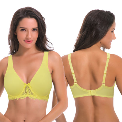 Women's Plus Size Unlined Underwire Lace Bra with Cushion Straps-2PK-NAVY, LIGHT YELLOW