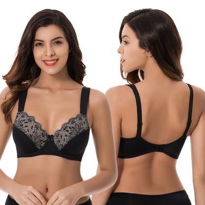 Plus Size Unlined Minimizer Underwire Bra with Embroidery Lace