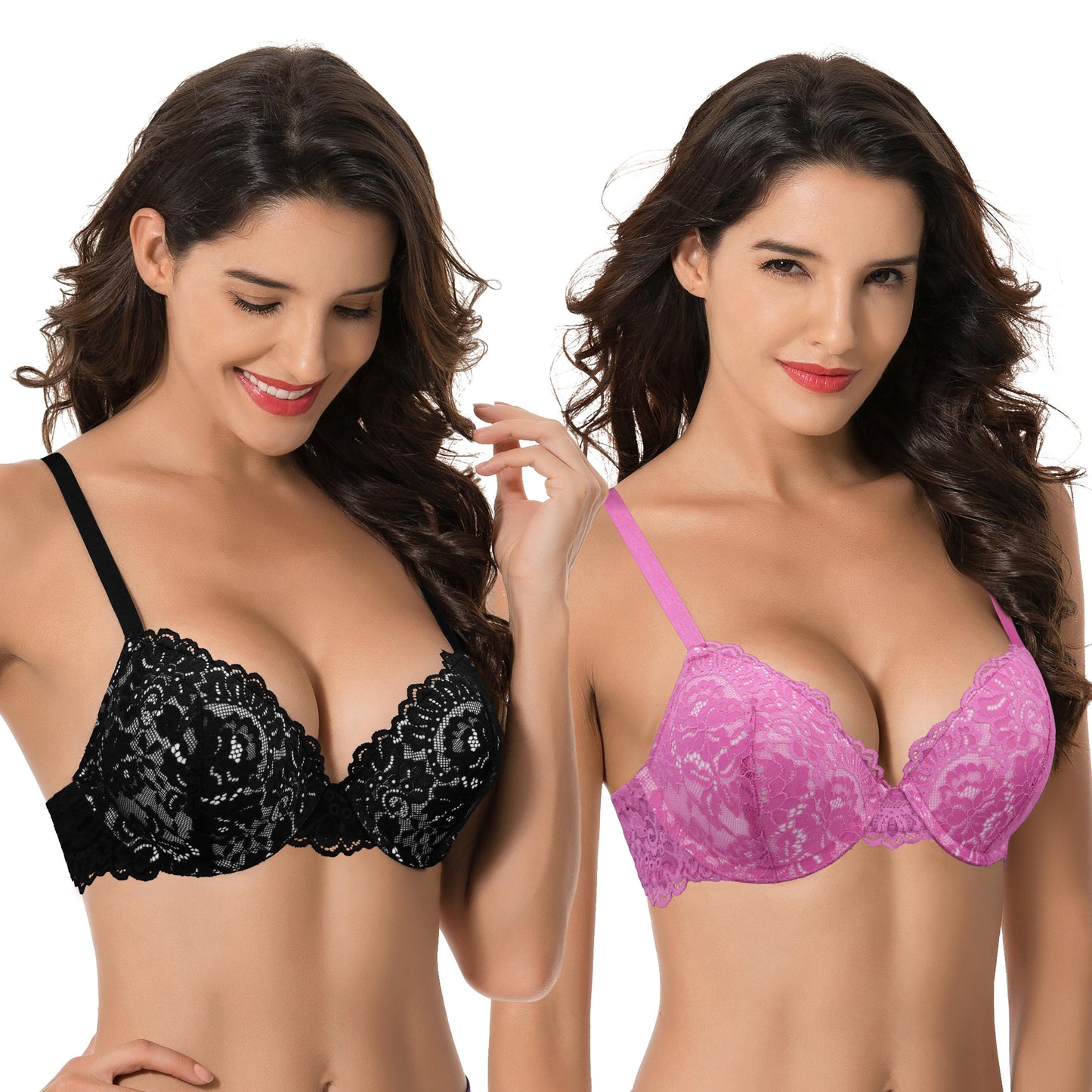 Women's Underwire Plus Size Push Up Add 1 and a Half Cup Lace Bras-2PK-Hot Pink,Black
