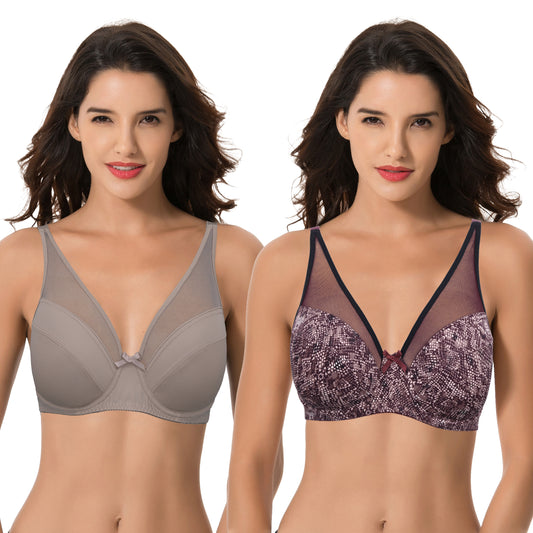 Curve Muse Women's Plus Size Minimizer Unlined Wireless Lace Full Coverage  Bras-2Pack-Black,Red-46DD 