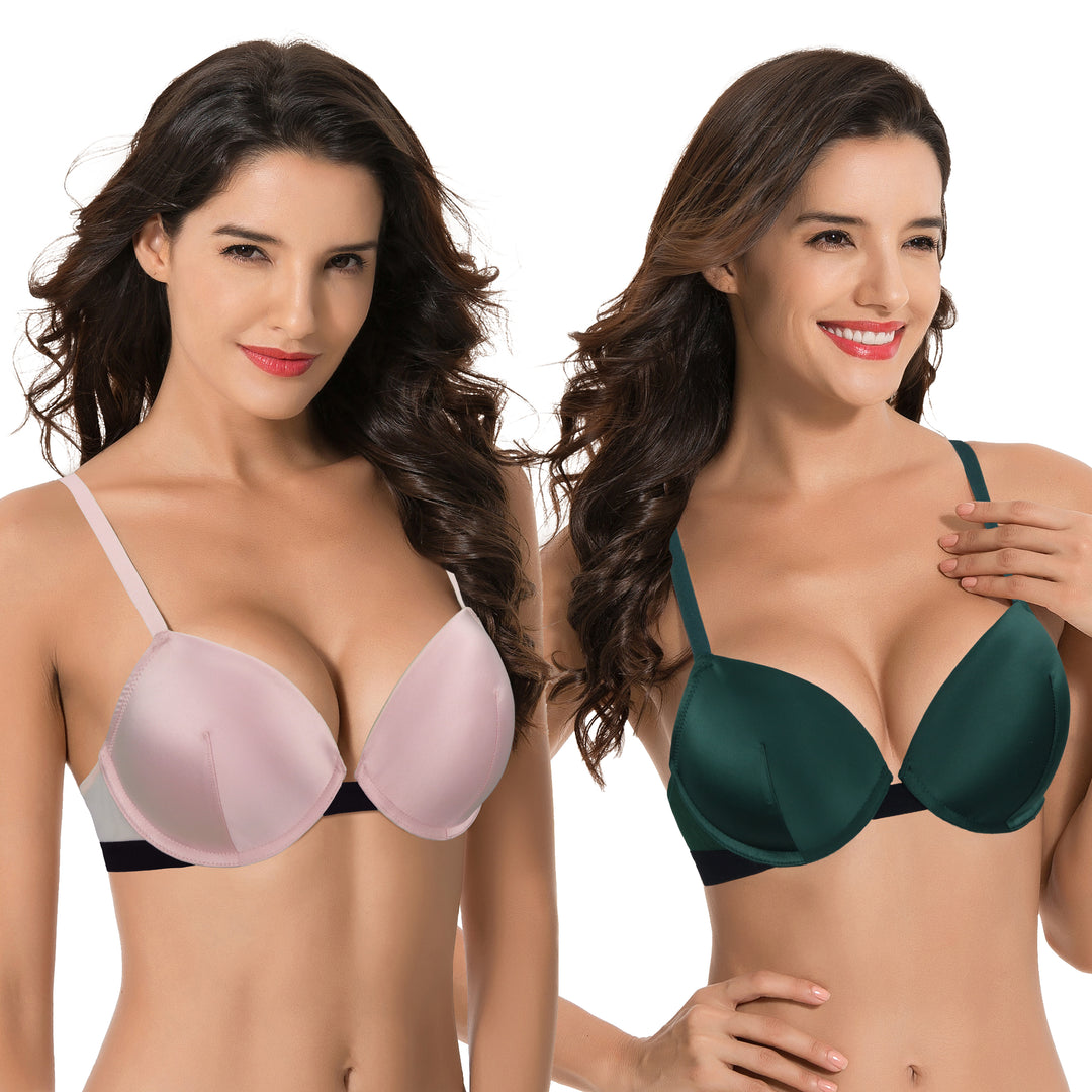 Curve Muse Women's Plus Size Add 1 and a half Cup Push Up Underwire Lace  Bras -2PK