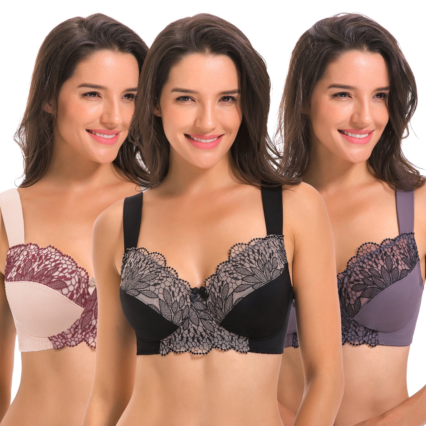 Plus Size Unlined Minimizer Wirefree Bras with Embroidery Lace-3Pack-Grey,Pink,Black