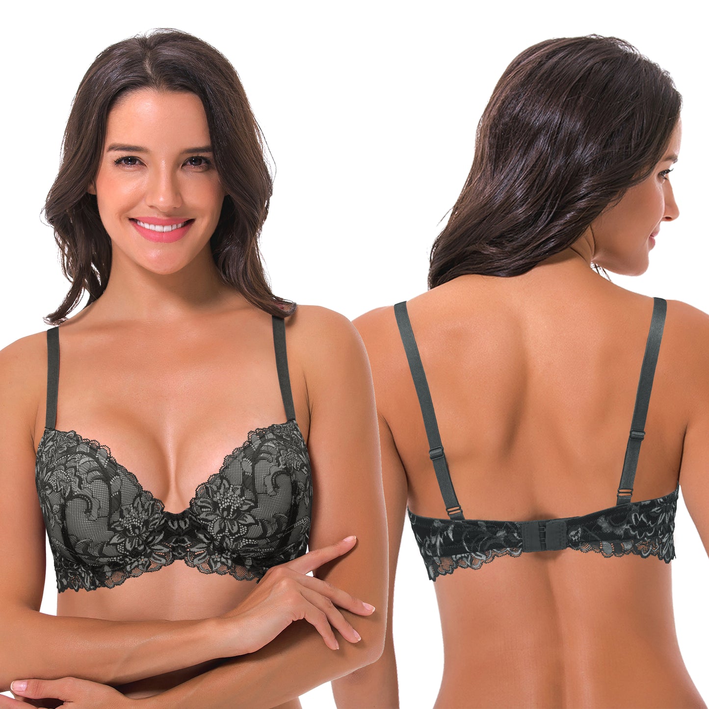 Women's Underwire Plus Size Push Up Add 1 and a Half Cup Lace Bras-2PK-White/Red,Black/Grey