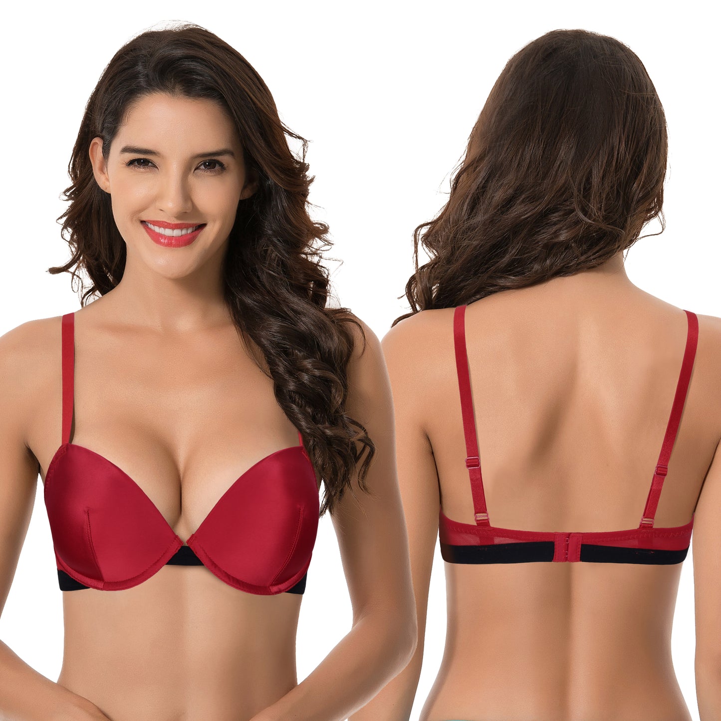 Women's Plus Size Add 1 and a half Cup Push Up Underwire Bras -2PK-Black Print,Red