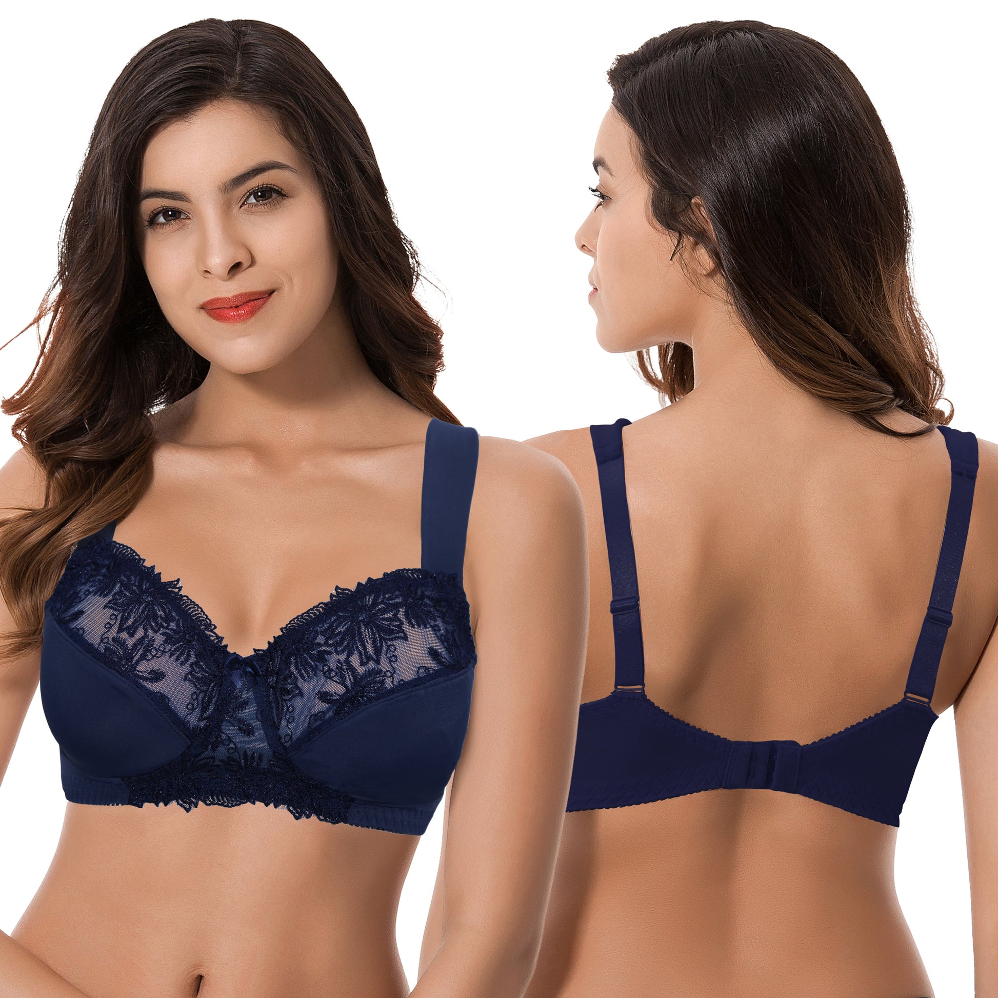 Curve Muse Plus Size Minimizer Underwire Unlined Bras with Embroidery  Lace-3Pack Size:48DD