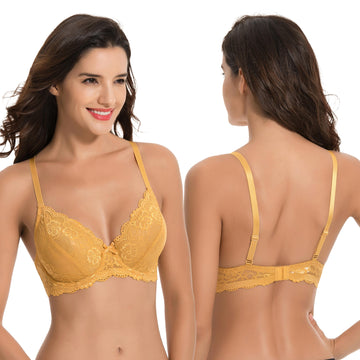 Curve Muse Semi-Sheer Balconette Underwire Lace Bra and Scalloped Hems (3  Pack)