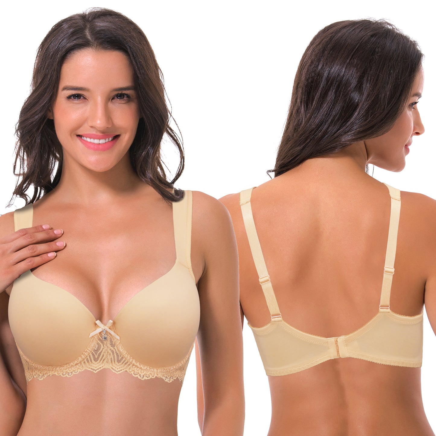 Women's Lightly Padded Underwire Lace Bra with Padded Shoulder Straps-2PK-WHITE,NUDE