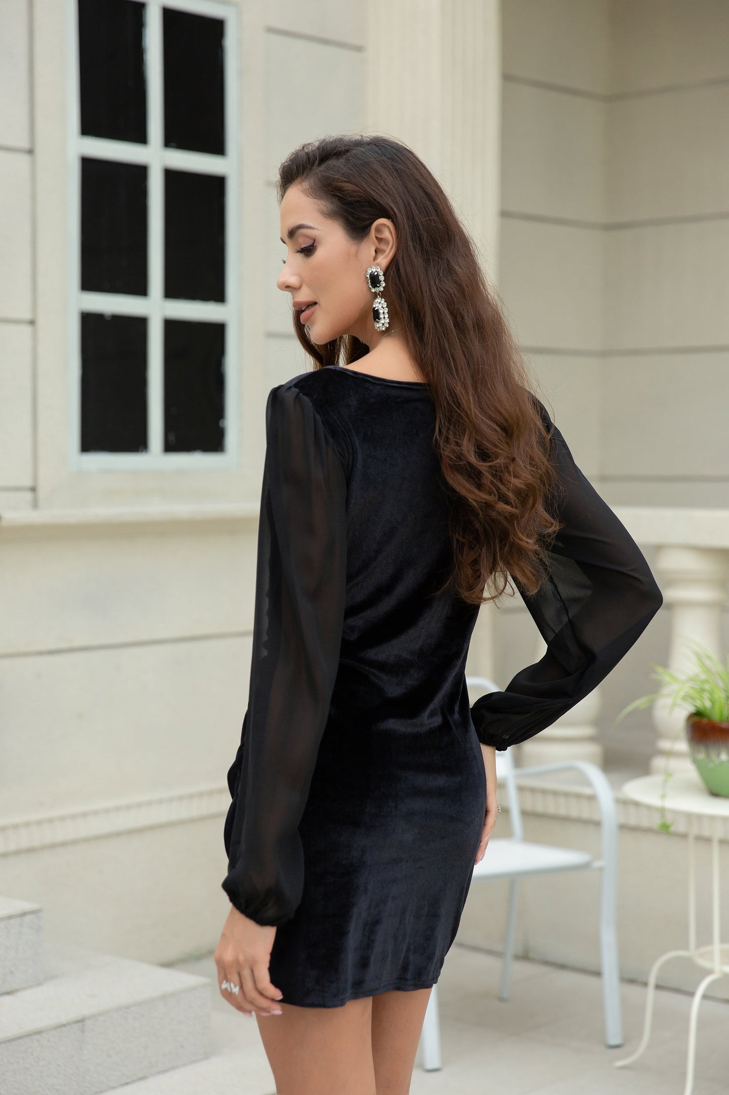 Women Asymmetrical Velvet V-Neck Sheer Chiffon Sleeve Mini Dresses