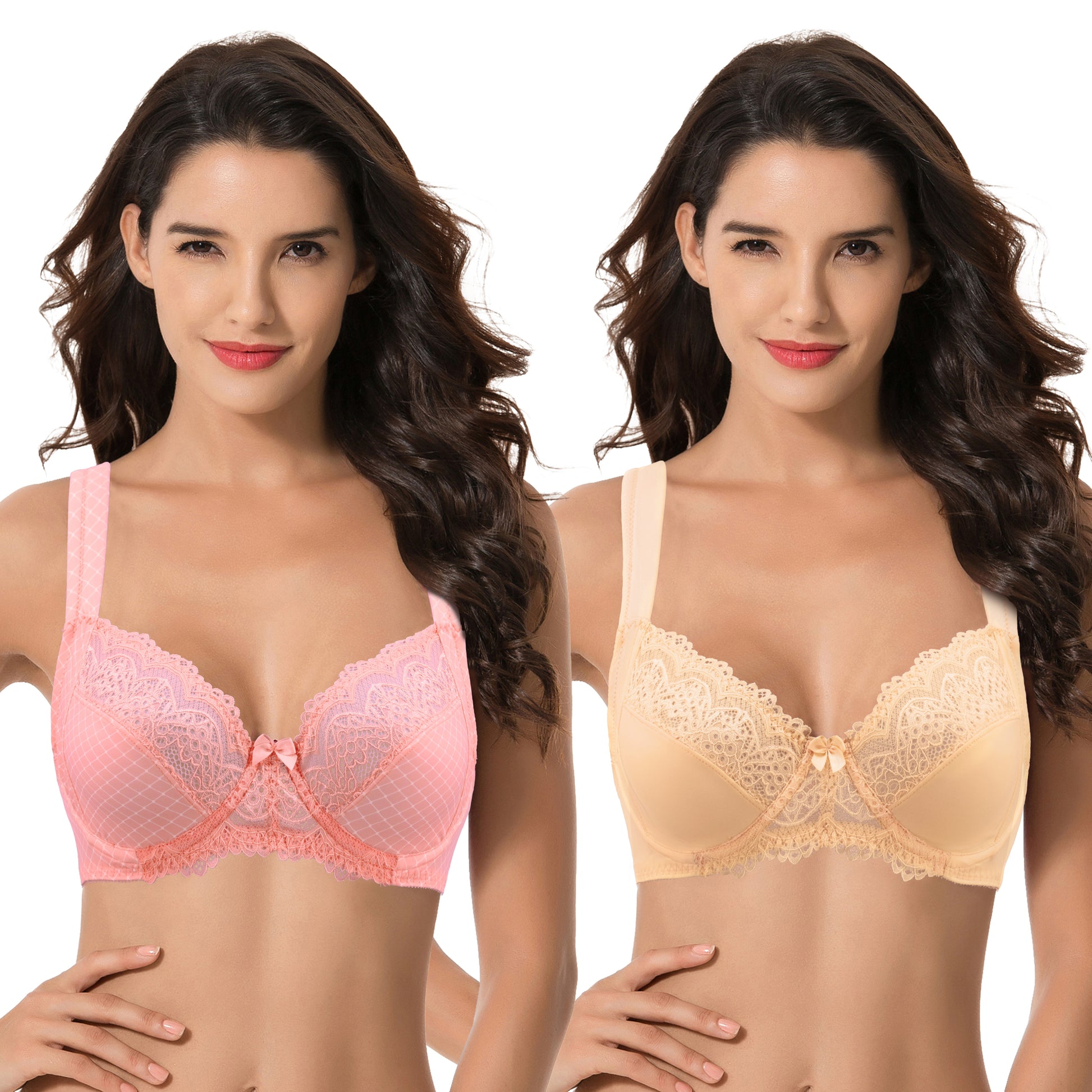 Curve Muse Women's Plus Size Unlined Underwire Lace Bra with Cushion  Straps-2PK