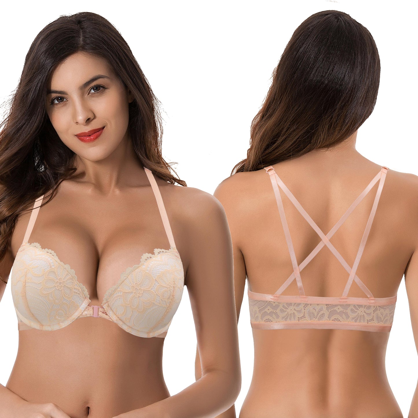 Womens Push Up Add 1 and a half Cup Underwire Halter Front Close Bras -2PK-Lime,Peach