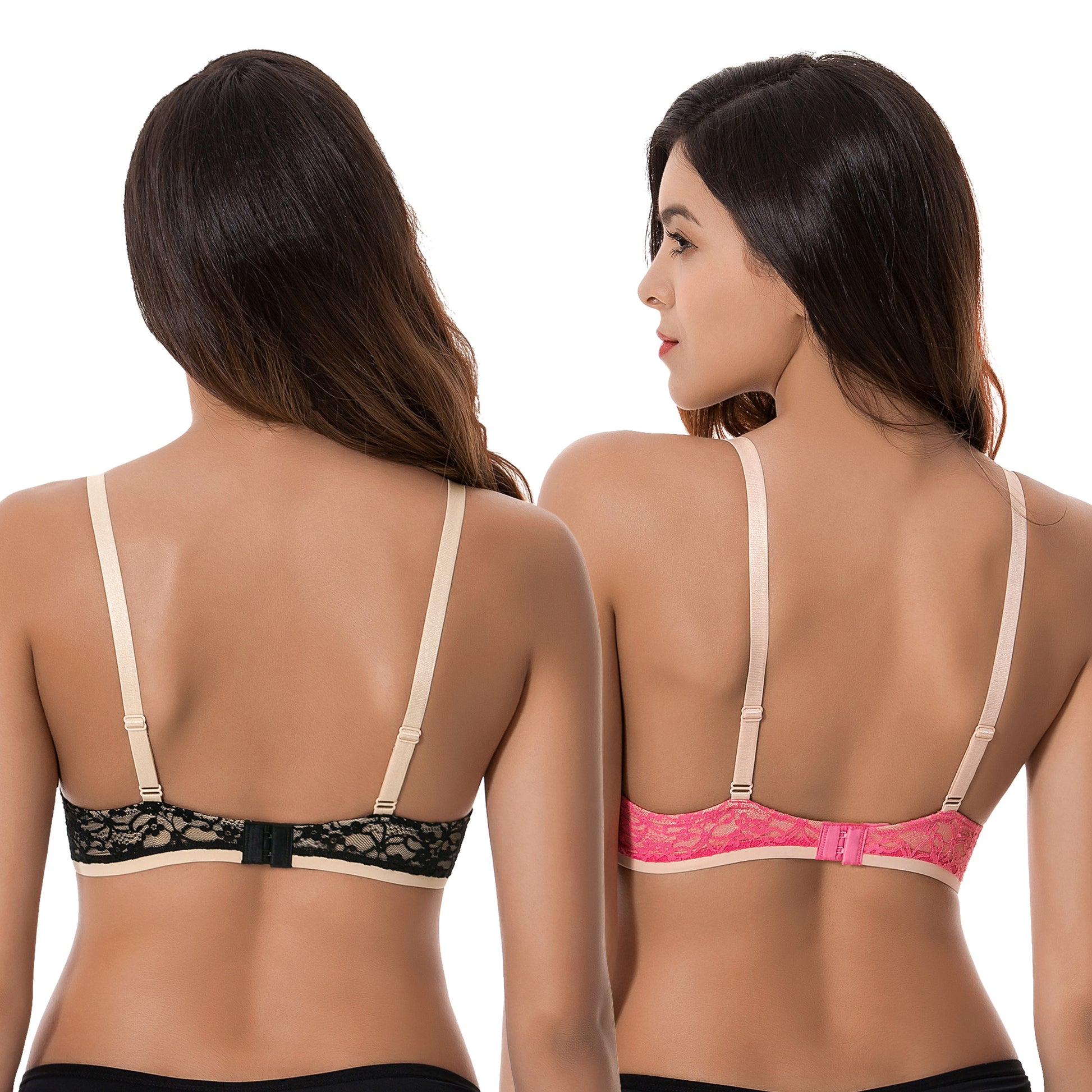 Curve Muse Women's Plus Size Push Up Add 1 Cup Underwire Perfect Shape Lace  Bras-2Pk-Black,Pink-42DD