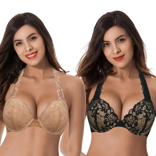 Women's Plus Size Add 1 and a half Cup Push Up Underwire Convertible Lace Bras -2PK-Black,Nude