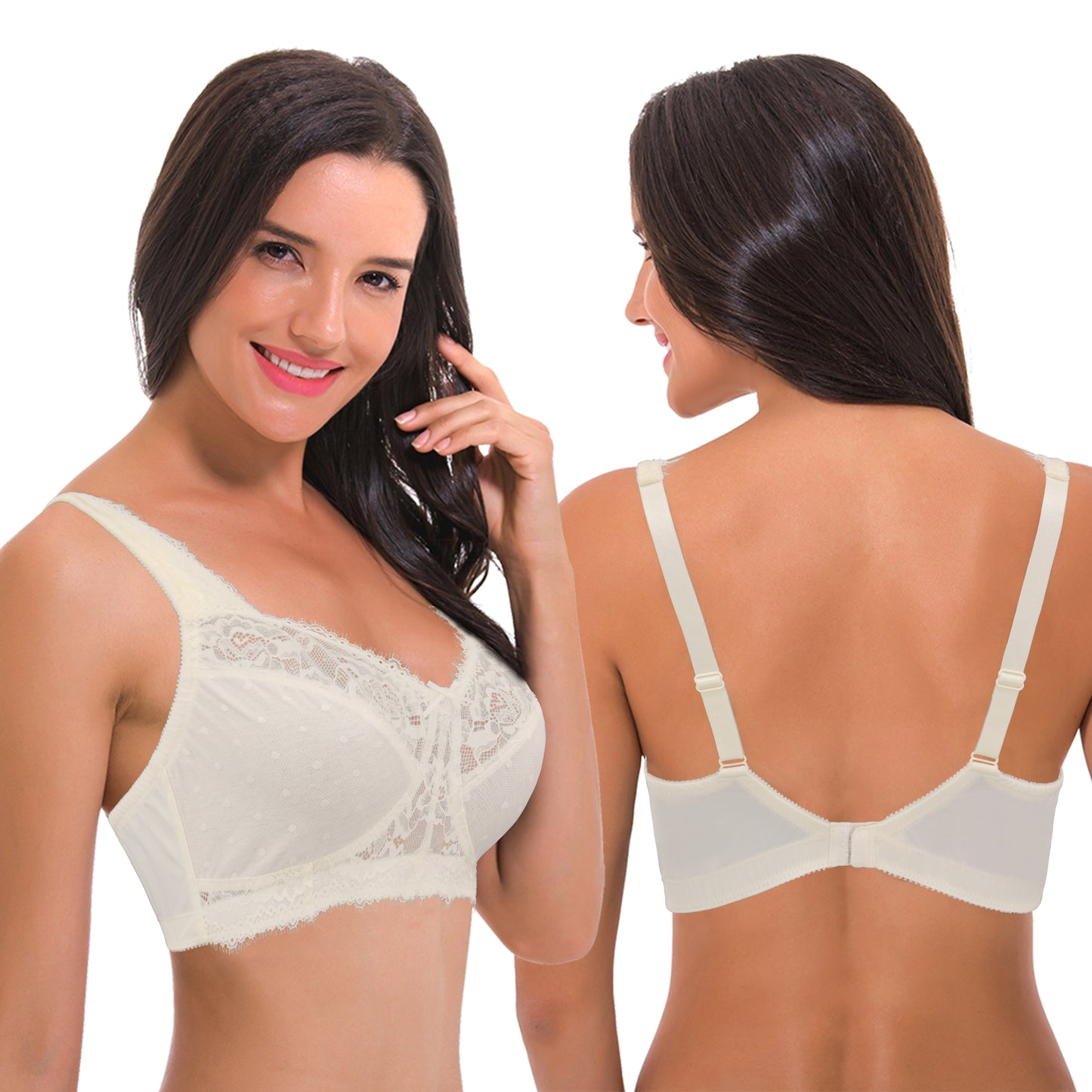 Women's Plus Size Minimizer Lace Full Coverage Unlined Wireless Bra-2Pack-Navy,White