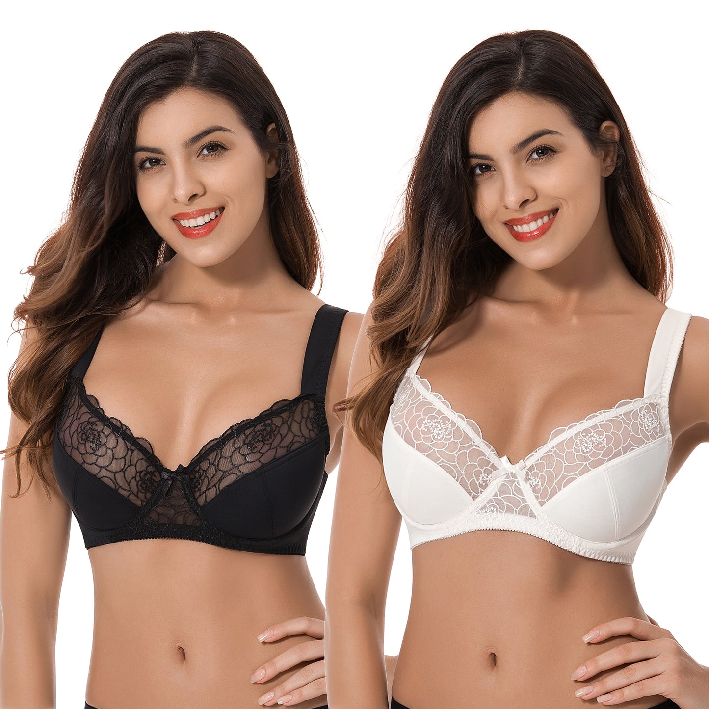 Womens Plus Size Minimizer Underwire Bra With Lace Embroidery-2 Pack