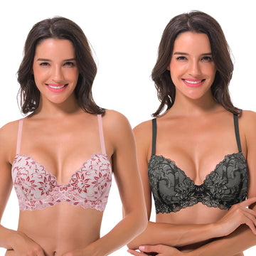Curve Muse Women's Underwire Plus Size Push Up Add 1 and a Half Cup Lace  Bras-2PK-White/Red,Black/Grey