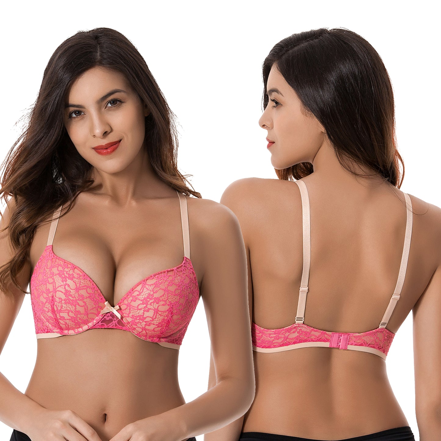 Women's Plus Size Perfect Shape Add 1 Cup Push Up Underwire Lace Bras-2Pk-Dk Pink,Black