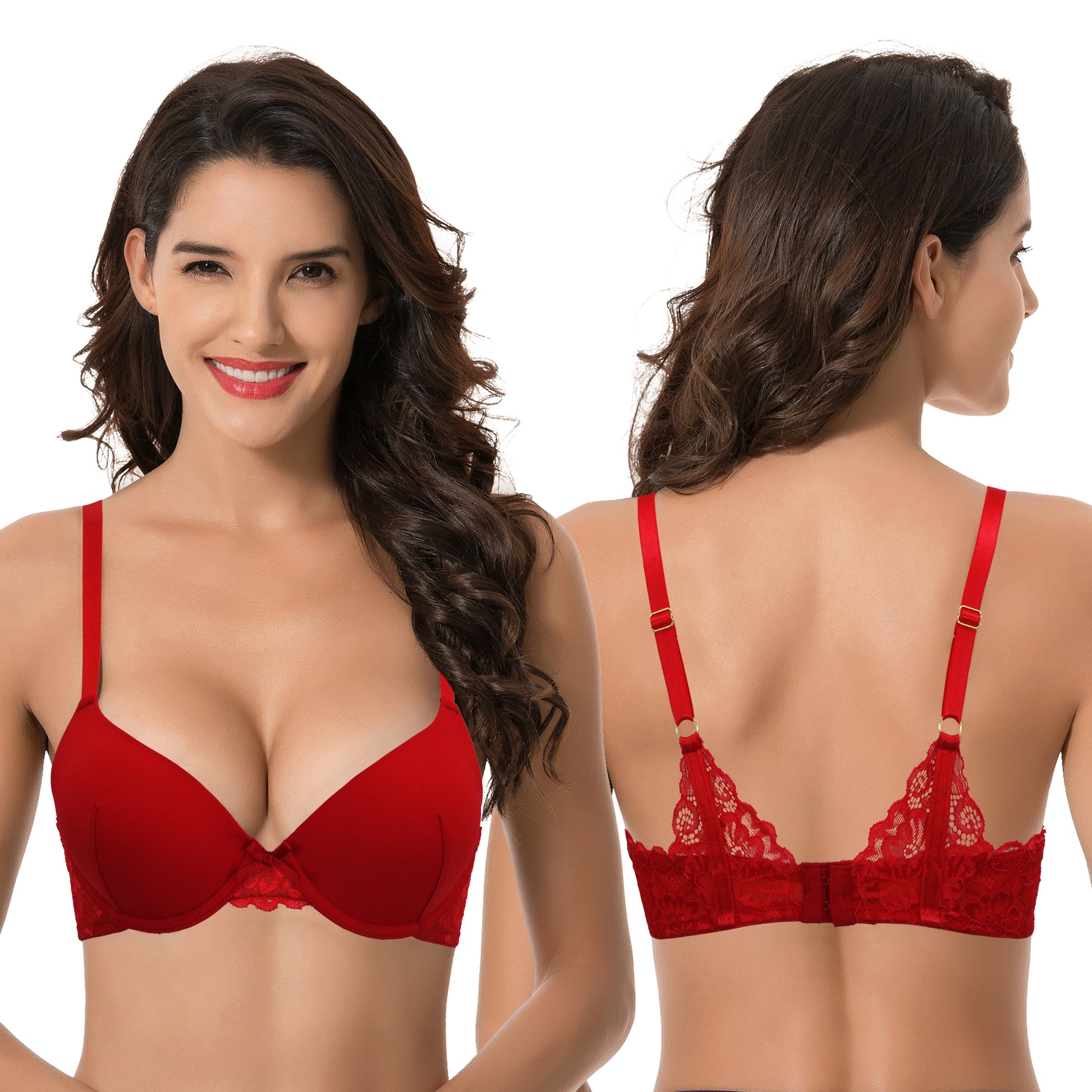 Curve Muse Women's Plus Size Add 1 and a half Cup Push Up Underwire Lace  Bras -2PK-BLACK,RED-42DDD 