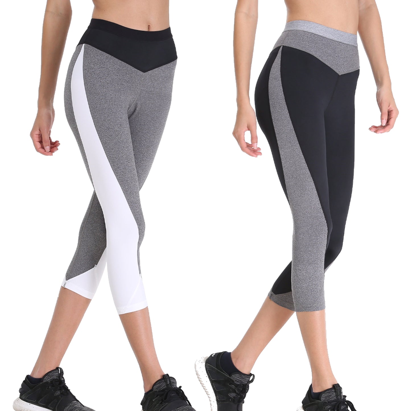 Sports Cropped Yoga Pants for women-Slim Workout Fitness Wear-2 Pack-GRAY, WHITE