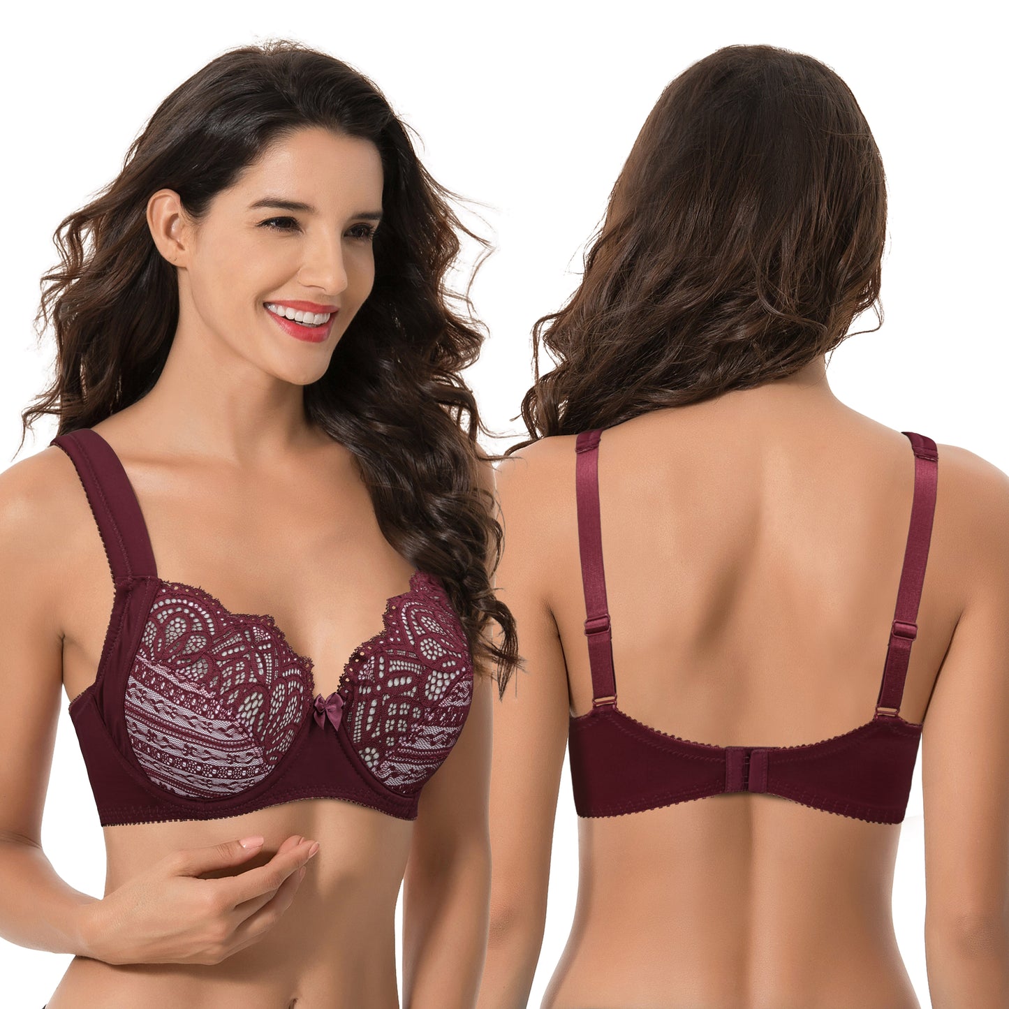 Women's Plus Size Unlined Underwire Lace Bra with Cushion Straps-Burgundy,Grey