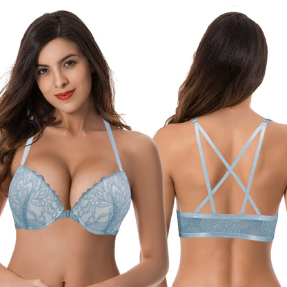Women's Push Up Add 1 and a half Cup Underwire Halter Front Close Bras -2PK-LT BLUE,RUST