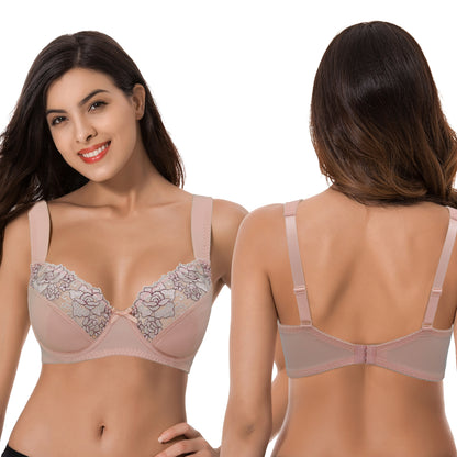 Womens Plus Size Minimizer Underwire Bra With Lace Embroidery-2 Pack-Pink,Dark Grey