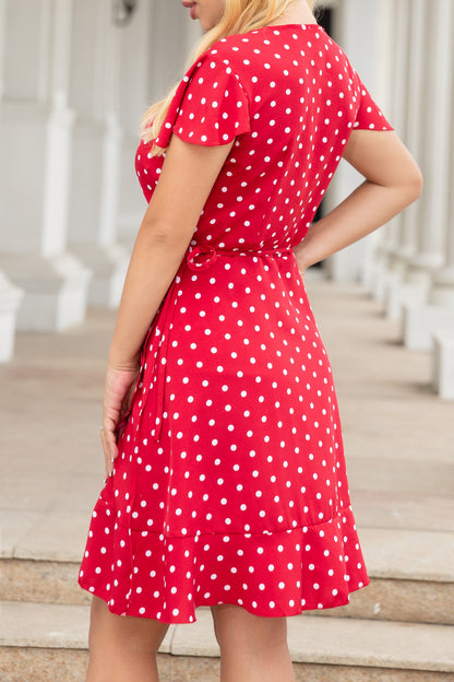 Women's Polka dot V neckline Short Sleeve Ruffle Midi Dress