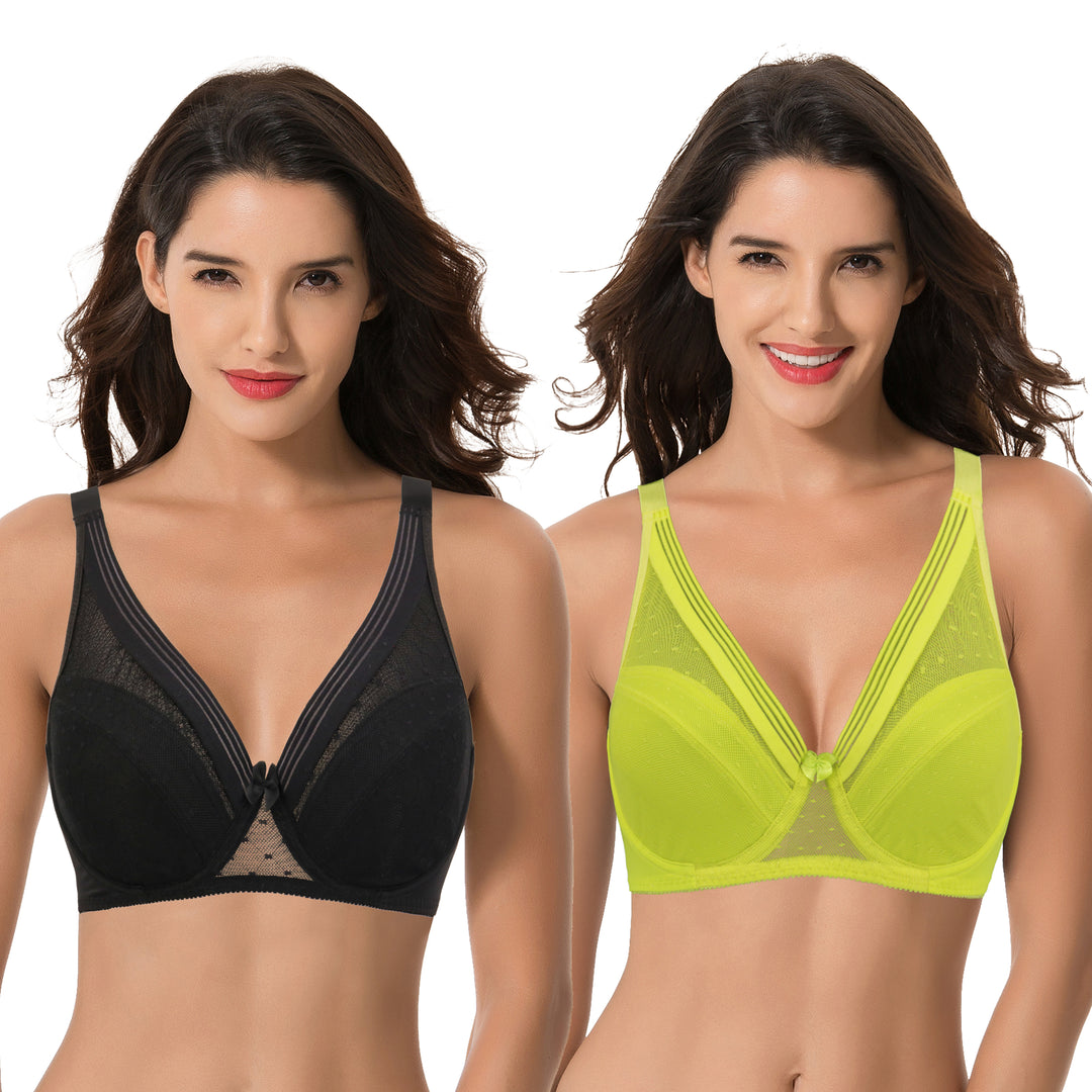 Curve Muse Women's Plus Size Unlined Minimizer Full Coverage Mesh Underwire  Bra-2pack-Black,Neon Yellow