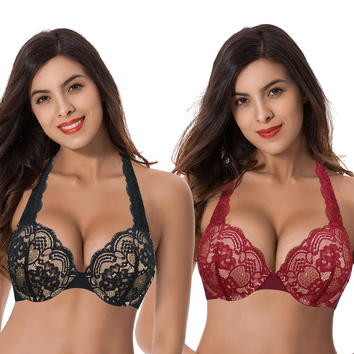 Women's Plus Size Add 1 and a half Cup Push Up Underwire Convertible Lace Bras -2PK-Black,Red