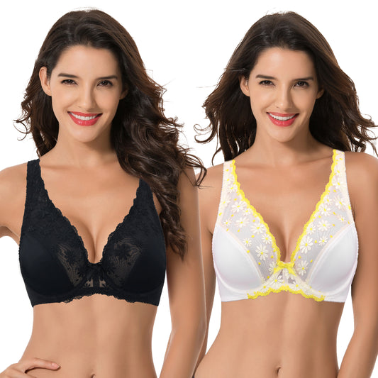 Women Plus Size Minimizer Underwire Unlined Bra with Embroidery Mesh-2pack-Black,Cream