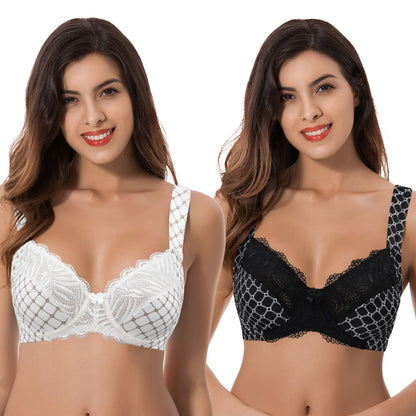 Women's Plus Size Unlined Underwire Lace Bra with Cushion Straps