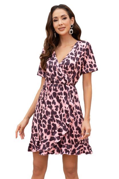 Women printed Leopard V-Neck Short Sleeve Ruffled Hem Mini Dress