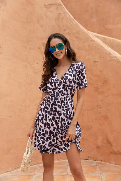 Women printed Leopard V-Neck Short Sleeve Ruffled Hem Mini Dress