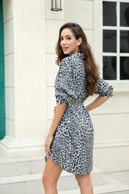 Women's Leopard print Long sleeve Button Shirtdress-Leopard Print