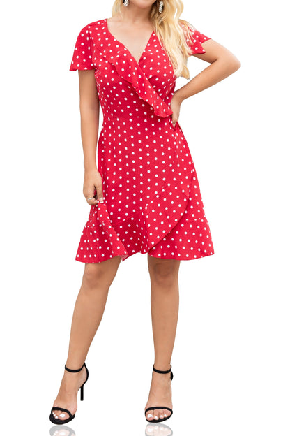 Women's Polka dot V neckline Short Sleeve Ruffle Midi Dress