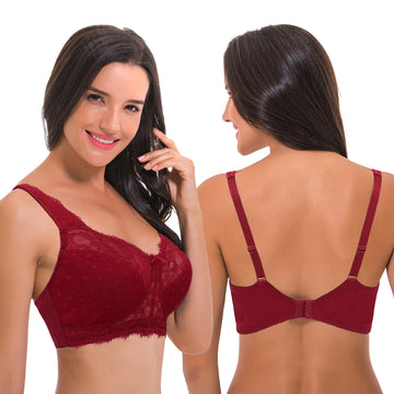  Womens Plus Size Full Coverage Underwire Unlined Minimizer  Lace Bra Dark Red 38B