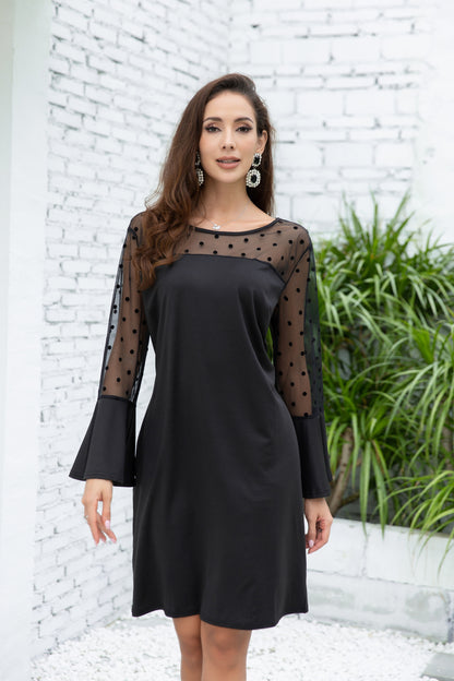 Women Plus Size Polka Dot Mesh Sheer Stretchy Bodycon Dress-Black