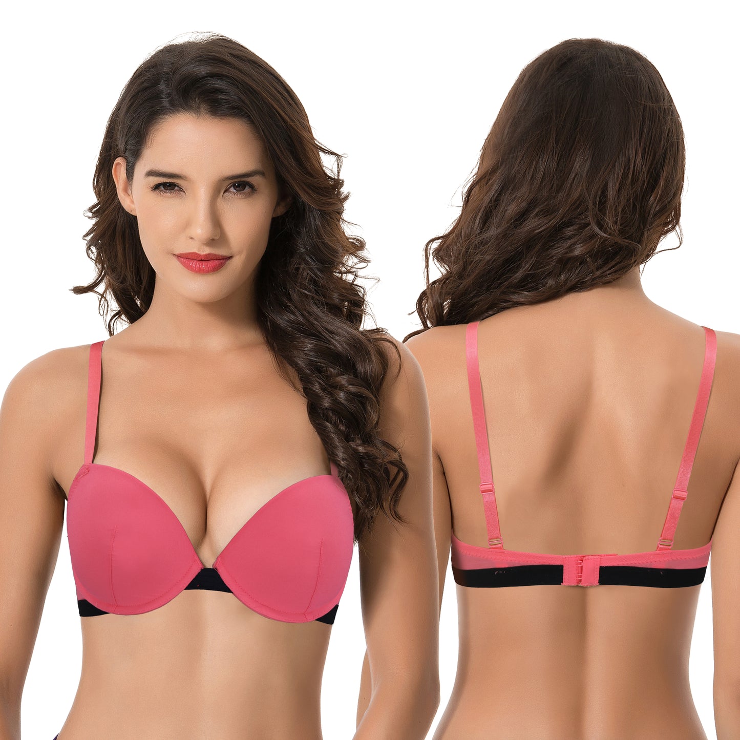 Women's Plus Size Add 1 and a half Cup Push Up Underwire Bras -2PK-Pink Print,Coral