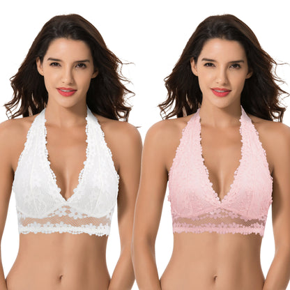 Plus Size Plunge Unlined Bralette with Floral Lace