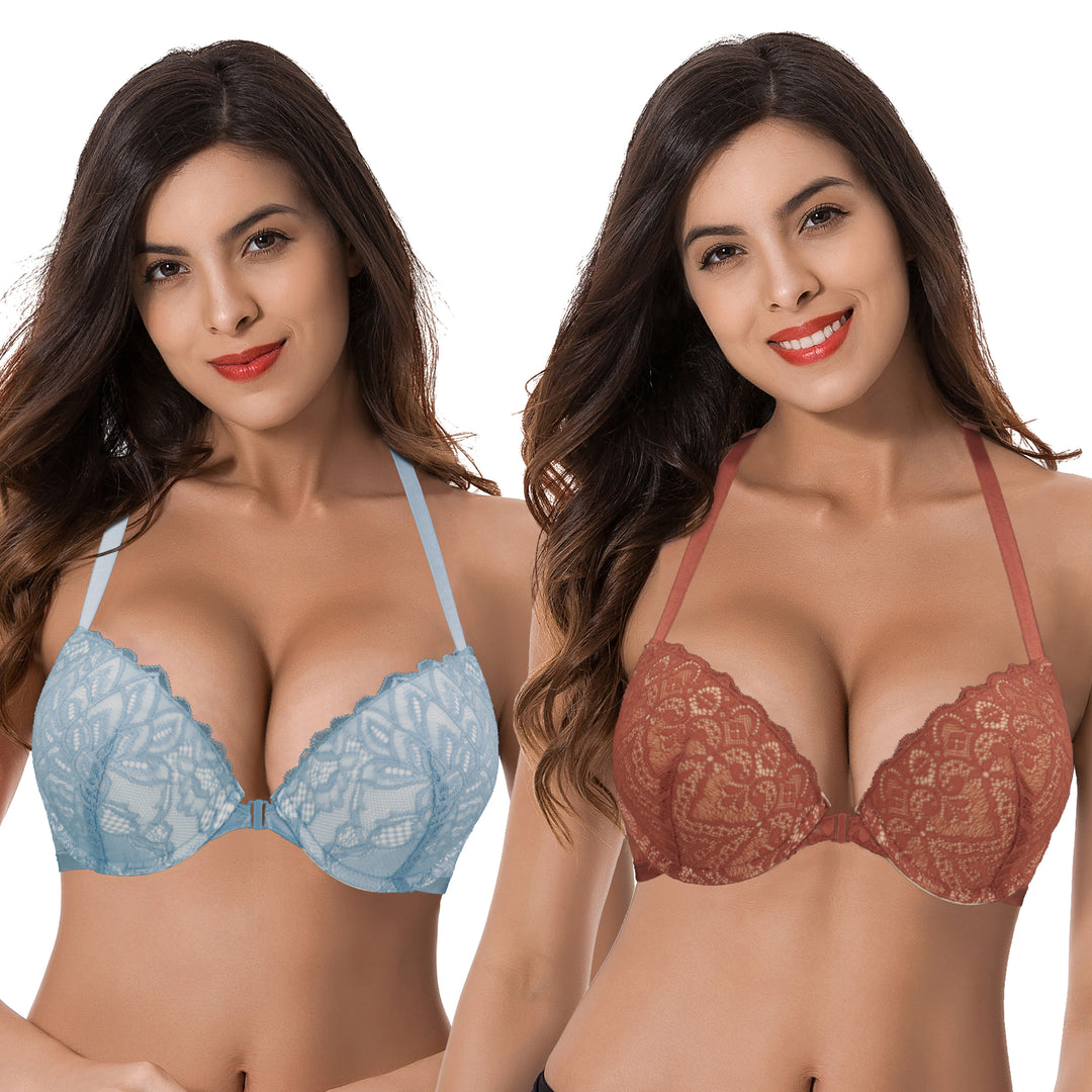 Curve Muse Women's Push Up Add 1 and a half Cup Underwire Halter Front  Close Bras -2PK-LT BLUE,RUST