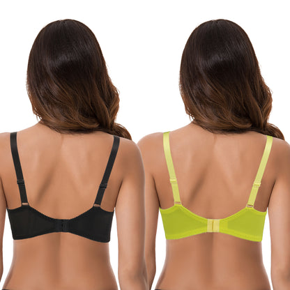Women's Plus Size Unlined Minimizer Full Coverage Mesh Underwire Bra-2pack-Black,Neon Yellow