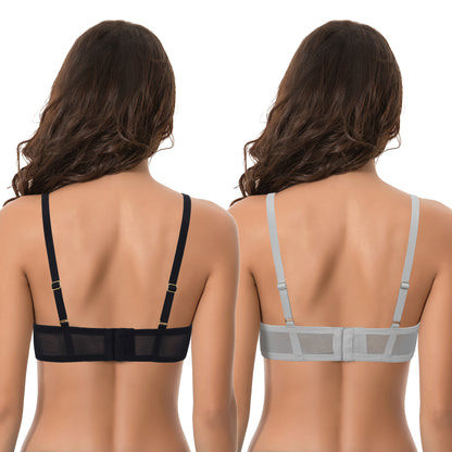 Women's Plus Size Add 1+ Cup Push Up Perfect Shape Underwire Lace Bra-2PK-Black,Light Gray
