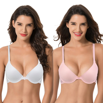 Curve Muse Women's Plus Size Full Coverage Underwire Front Close Bras -2PK-PINK,WHITE