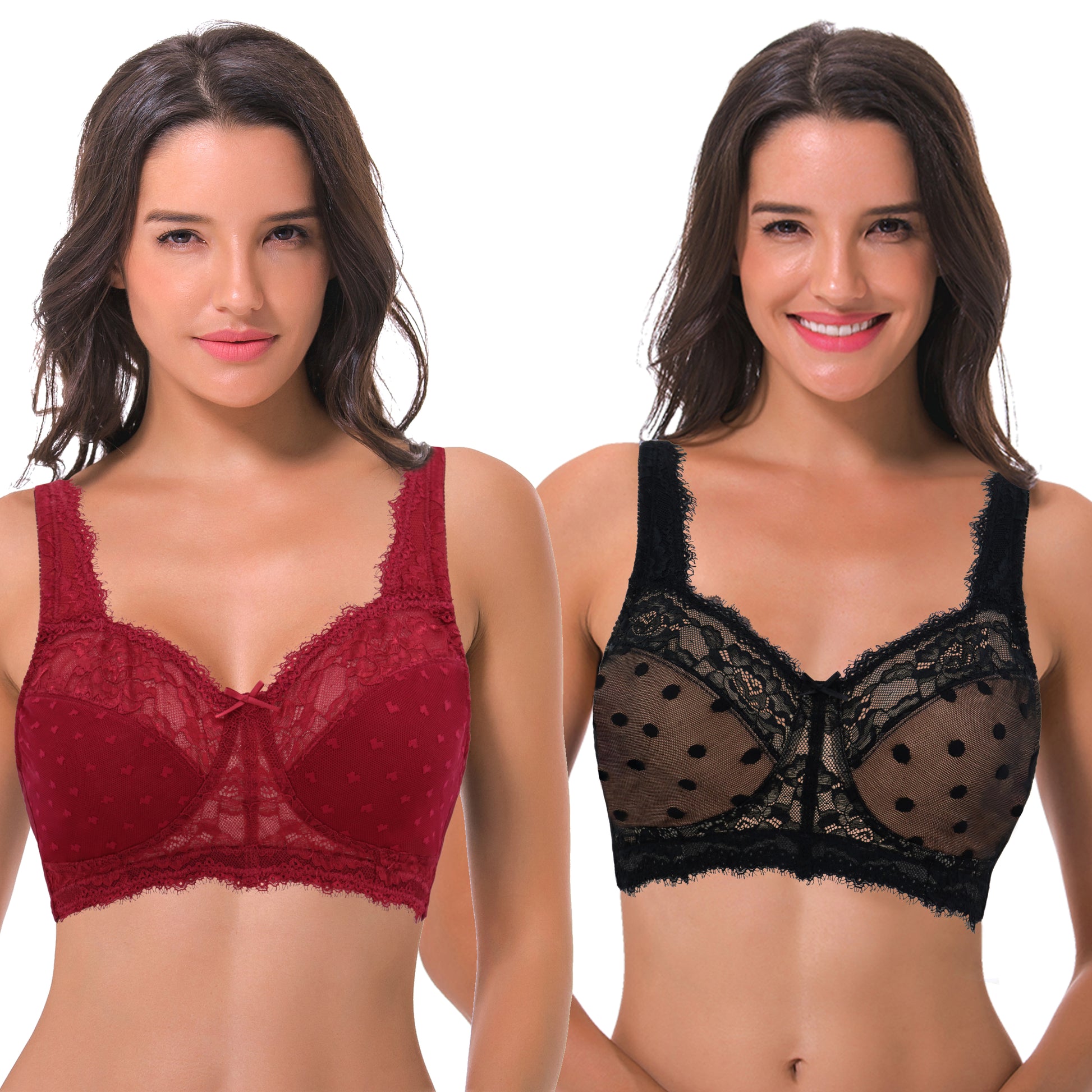 Curve Muse Women's Plus Size Unlined Underwire Lace Bra with Cushion  Straps-2PK