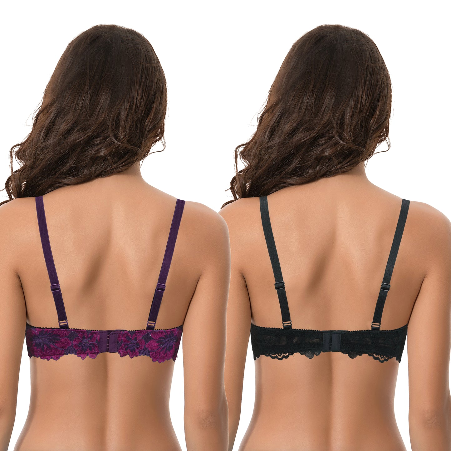 Women's Plus Size Push Up Add 1 Cup Underwire Perfect Shape Lace Bras-2Pk-Black,Fuchsia