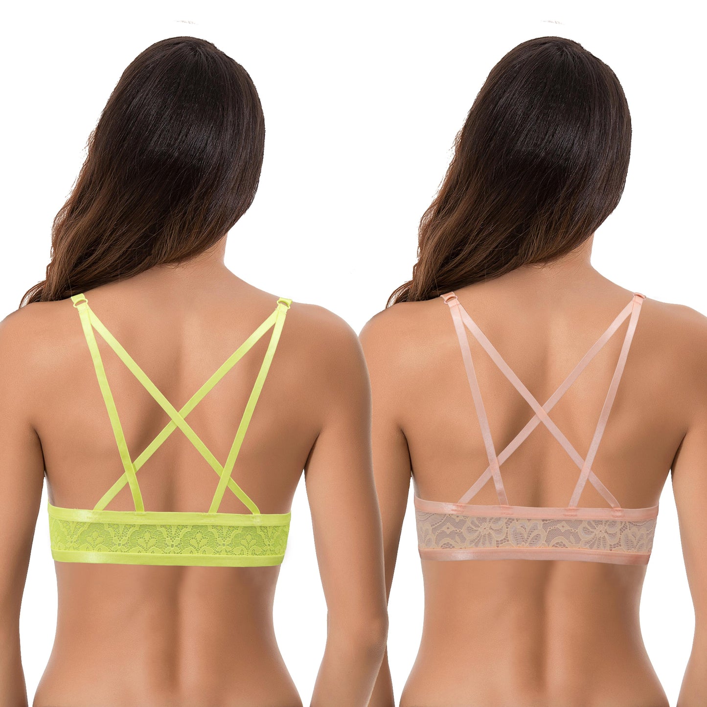 Womens Push Up Add 1 and a half Cup Underwire Halter Front Close Bras -2PK-Lime,Peach