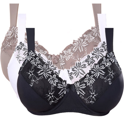 Plus Size Minimizer Underwire Unlined Bras with Embroidery Lace-3Pack