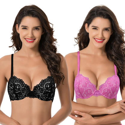 Curve Muse Women's Underwire Plus Size Push Up Add 1 and a Half Cup Lace  Bras-2PK-Hot Pink,Black